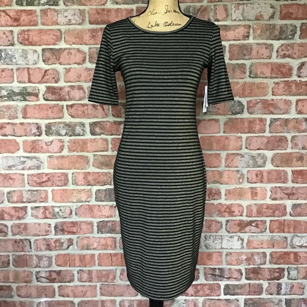LuLaRoe Julia Dress XS 2-4 New With Tags Elegant Collection Metallic Gold Black